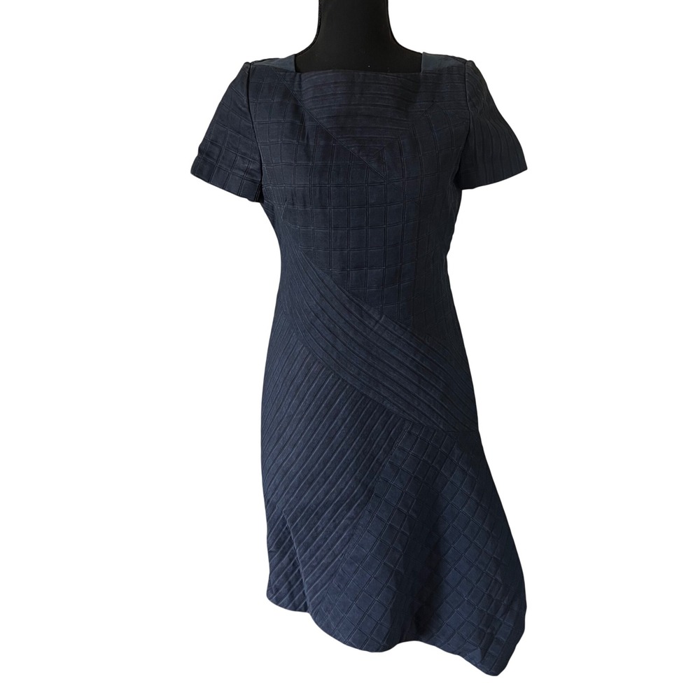 Raoul Womens Asymmetrical Sheath Dress 4 Navy Blue Geometric Chic Career